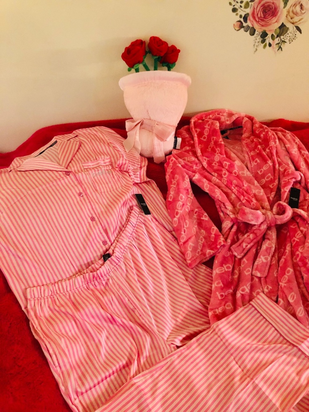 NWT BEBE Satin Long PJ Set and Matching Plush Robe in Candy 🍭 Pink SZ XL